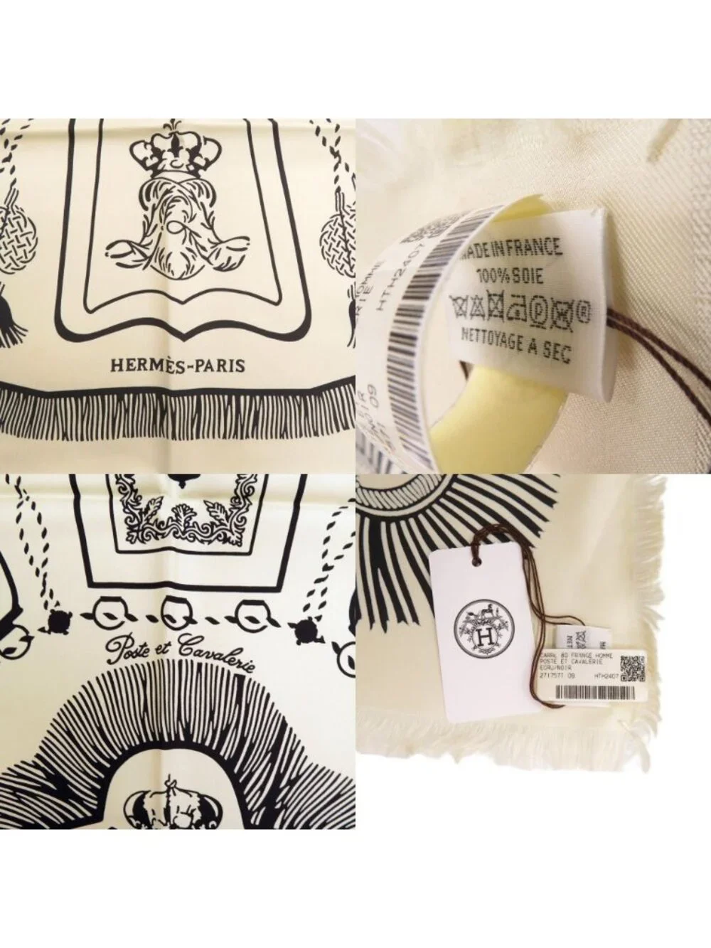 Hermes Carre 80 Poste Et Cavalerie Post and Cavalry Scarf Fringe Silk Ecru